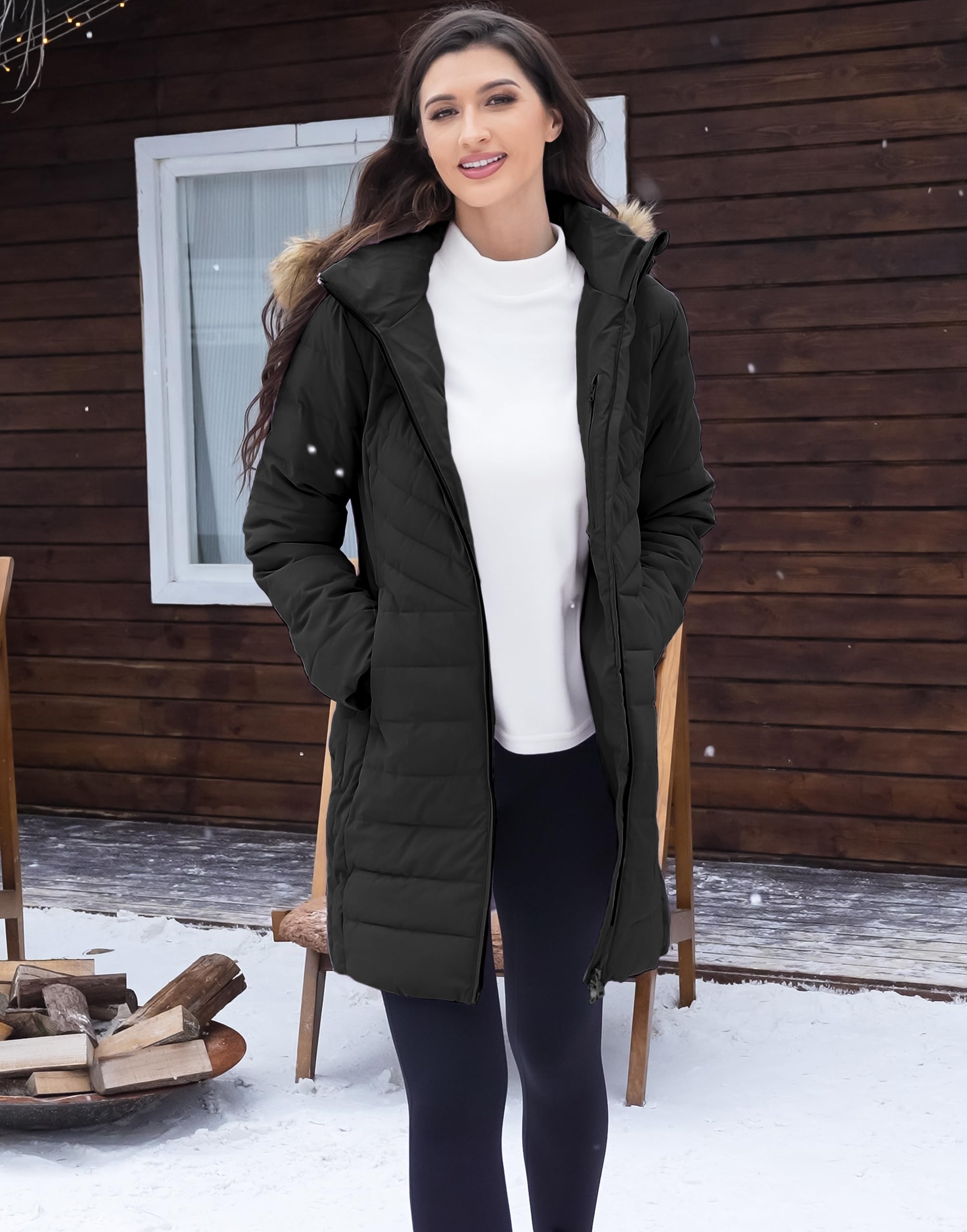 Pioneer Camp Cappotto invernale da donna, lungo, caldo, trapuntato, impermeabile, invernale, con colletto in pelliccia sintetica rimovibile