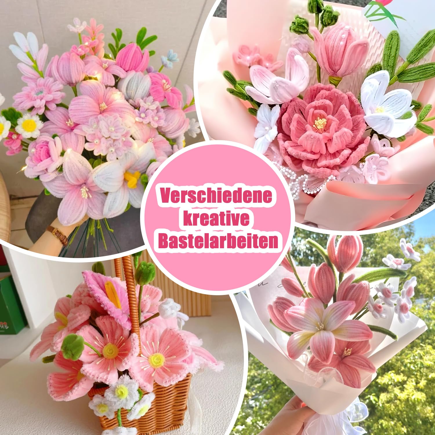 Fil Chenille Rose 500PCS Cure Pipe Chenille Loisir Creatif 5 Couleurs Pipe Cleaners avec Étamines Floratape et Tige Fleur Artificiel pour Fournitures de Bouquet de Fleurs et de Décoration DIY