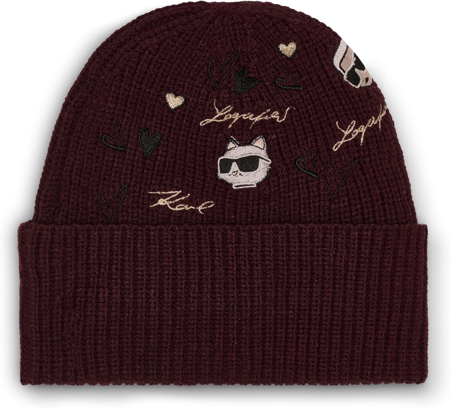 Karl Lagerfeld Womens Embroidered Karl Hearts Velboa Fleece Lined Beanie - Image 3