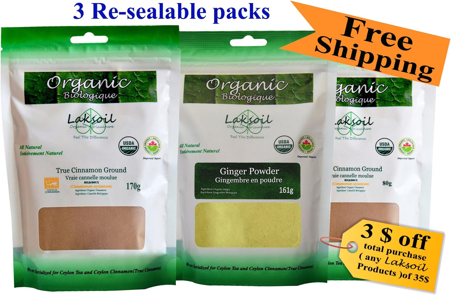 Certified Organic Total 14.64 oz/.9 lbPure Ceylon/True Cinnamon(8.9oz) and Ginger (5.75oz)Powder