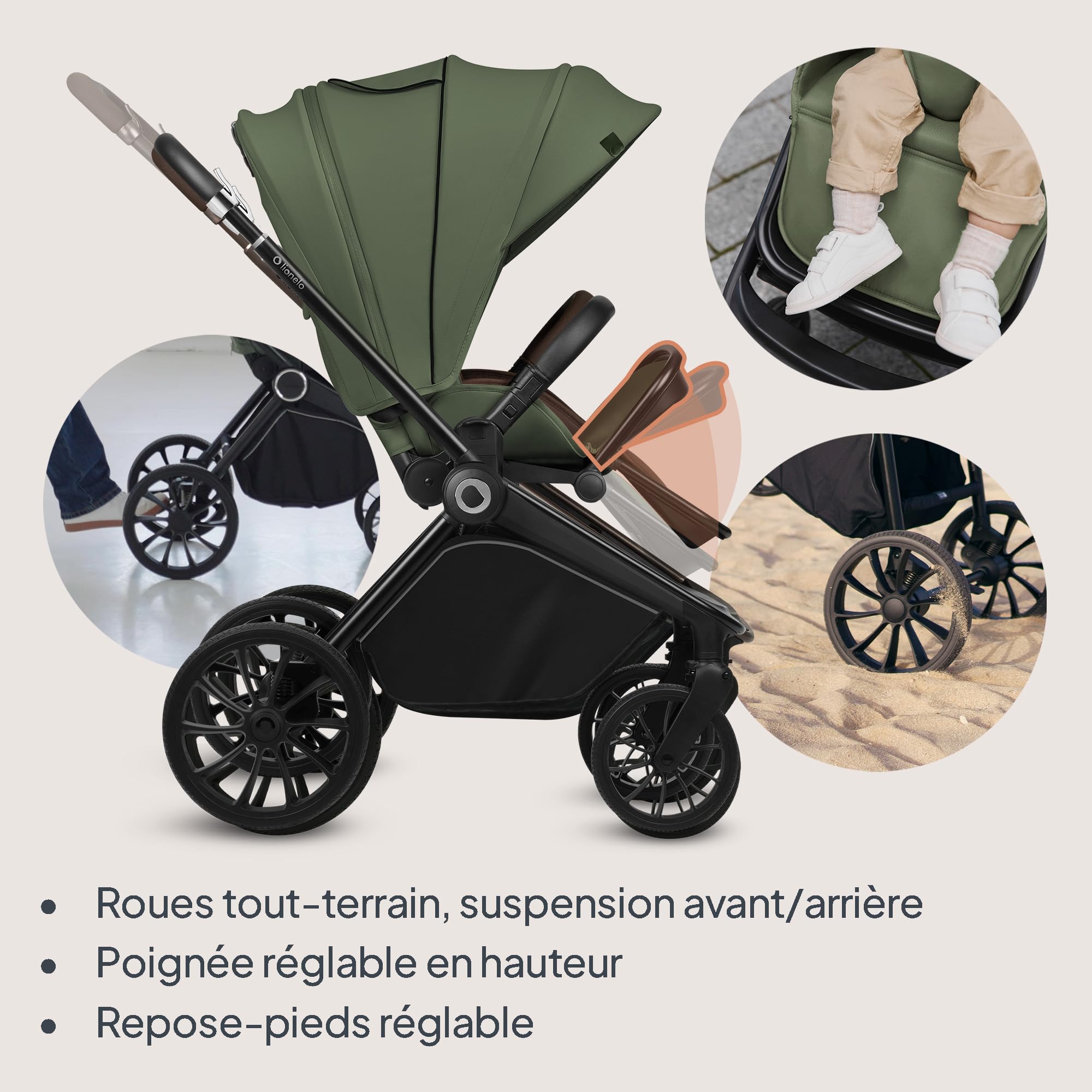 LIONELO MIKA PLUS 2 en 1 Poussette 0 à 48 mois jusqu'à 22 kg Nacelle jusqu'à 9 kg, Réglage du Dossier et du Repose-pied, Coussin, Roues Pivotantes 360° en PU Auvent XXL (Green)