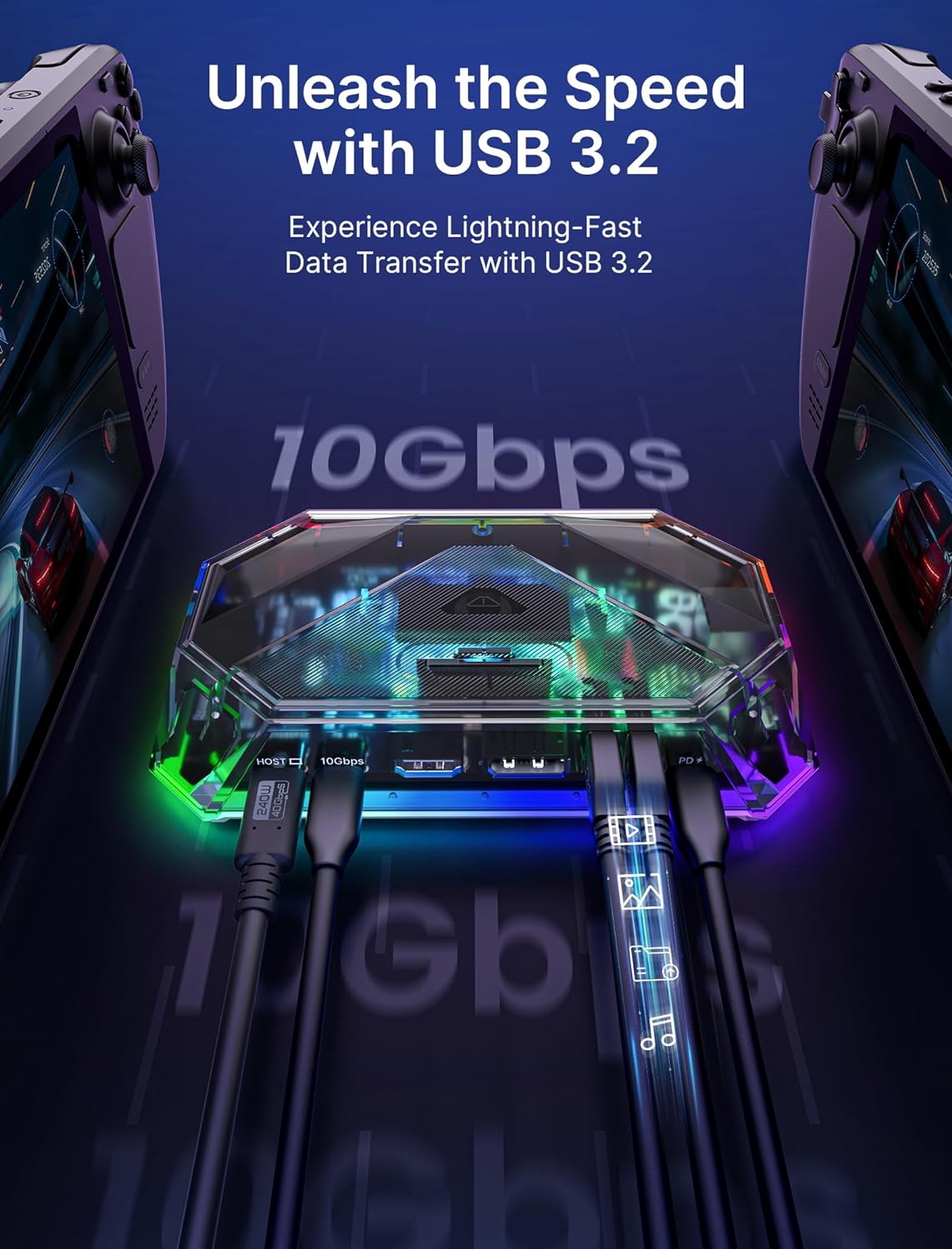 USB 3.2 ports on JSAUX HB1201S docking station, highlighting 10Gbps data transfer speed