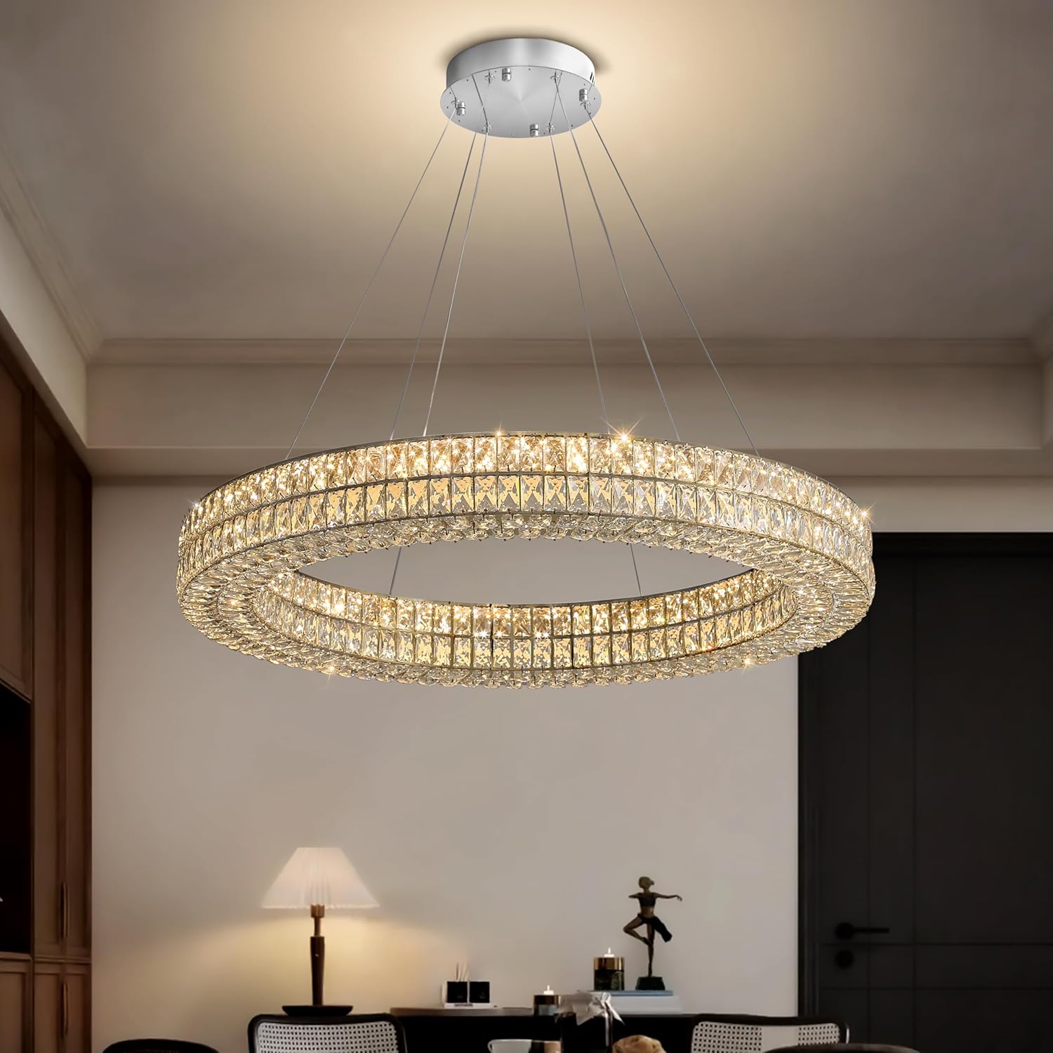 Modern Luxury Crystal Chandelier for Dining Room 32" LED Ring Pendant Light Adjustable Dimmable 2700k-6000k 32inches Silver