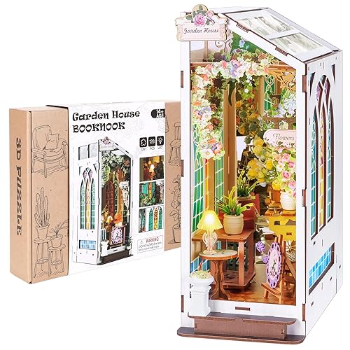 Book Nook Kits for Adults, Miniature House 3D Puzzle Kit for Teens, DIY Crafts for Adults, Bookshelf Decor Garden House with LED Light, Gifts for Family and Friends - New Garden House