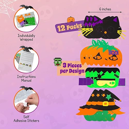 Miniatura 5 de 4E's Novelty Máscara de Halloween para niños a granel, paquete de 12 unidades, máscara autoadhesiva, kit de manualidades de espuma, manualidades de