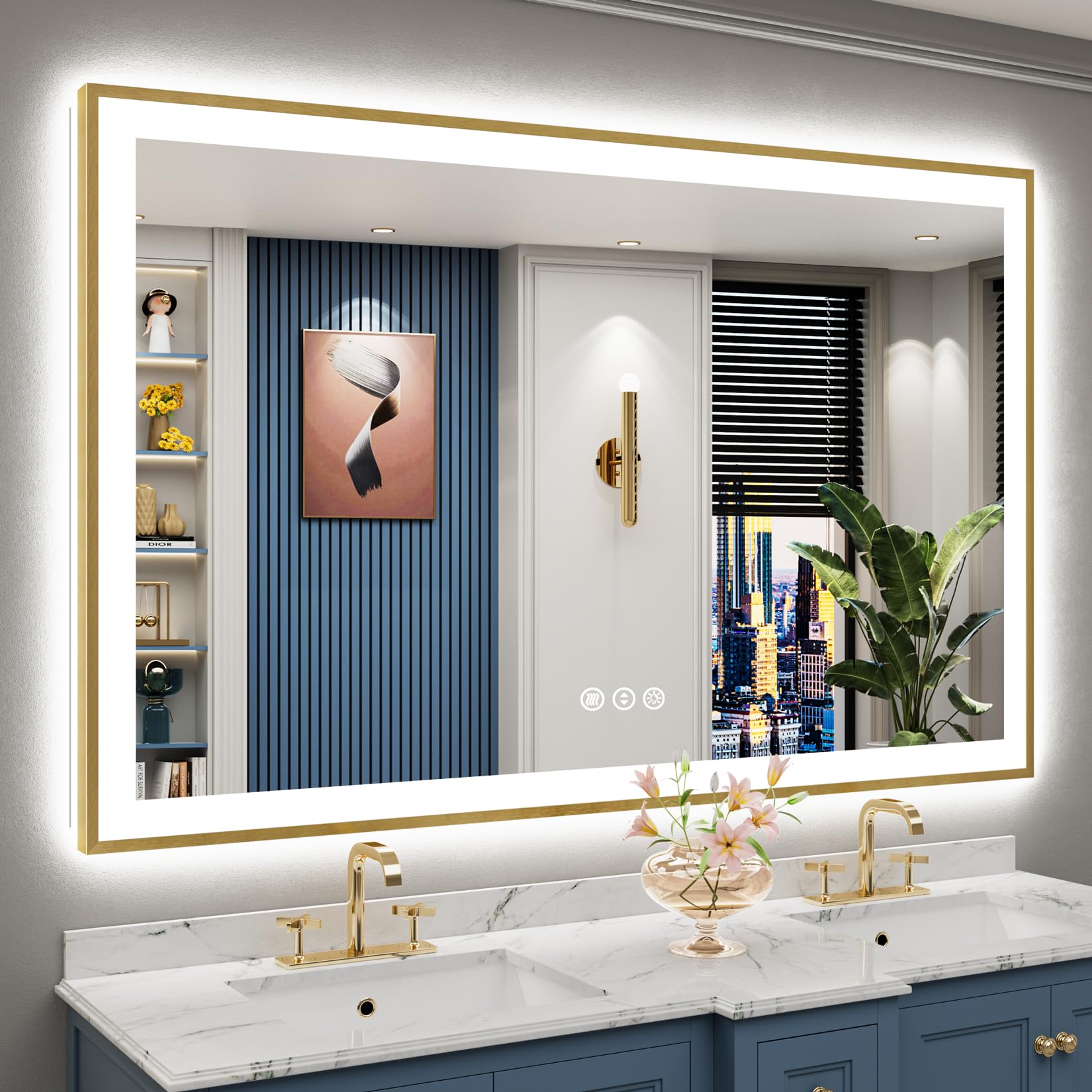 60x40 Gold LED Bathroom Mirror with Lights, Lighted Vanity Mirror