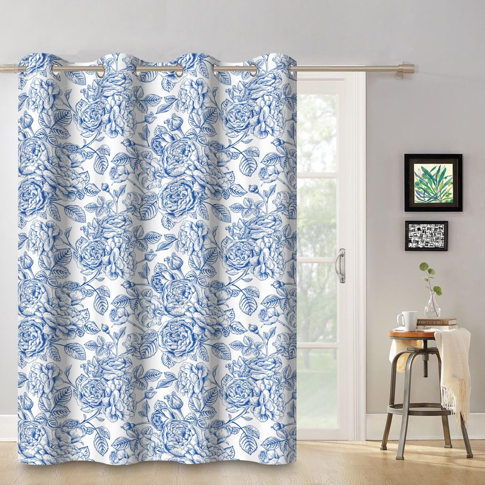 135x245cm Rideau occultant à Motif Floral Fleur de Roses Bleues Rétro Peinture Rideaux œillets Isolation Thermique Traitements fenêtre à œillets pour Salon Chambre Salle à Manger 1 Panneau