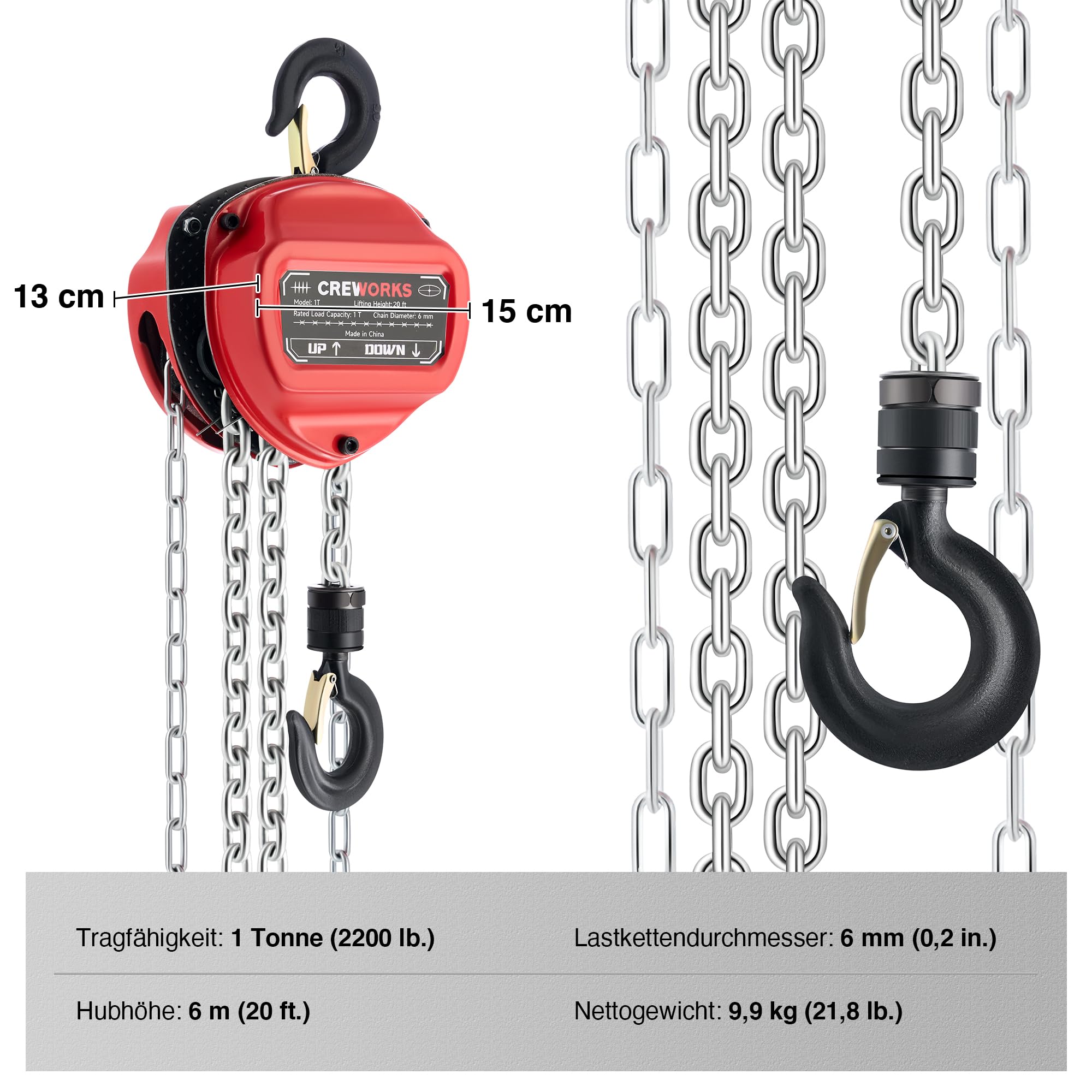 CREWORKS 1T Kettenzug Handseilwinde 6m Hubhöhe 1000kg Tragkraft G80-Lastkette Hebelzug Ratschenzug