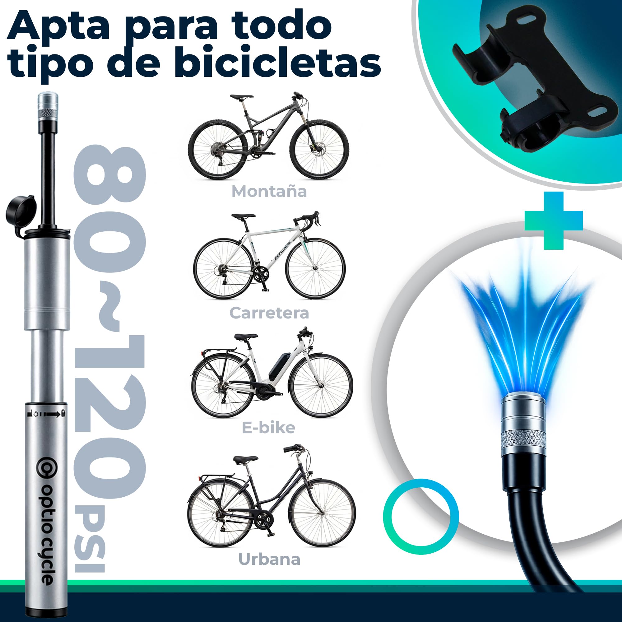 Mini Bomba Bicicleta con Manguera 120 PSI / 8,3 Bar – Inflador Bicicletas de Aluminio Portátil para Presta y Schrader | Mini Bomba de Aire Bicicleta Manual Compacto | Mancha, Hinchador MTB