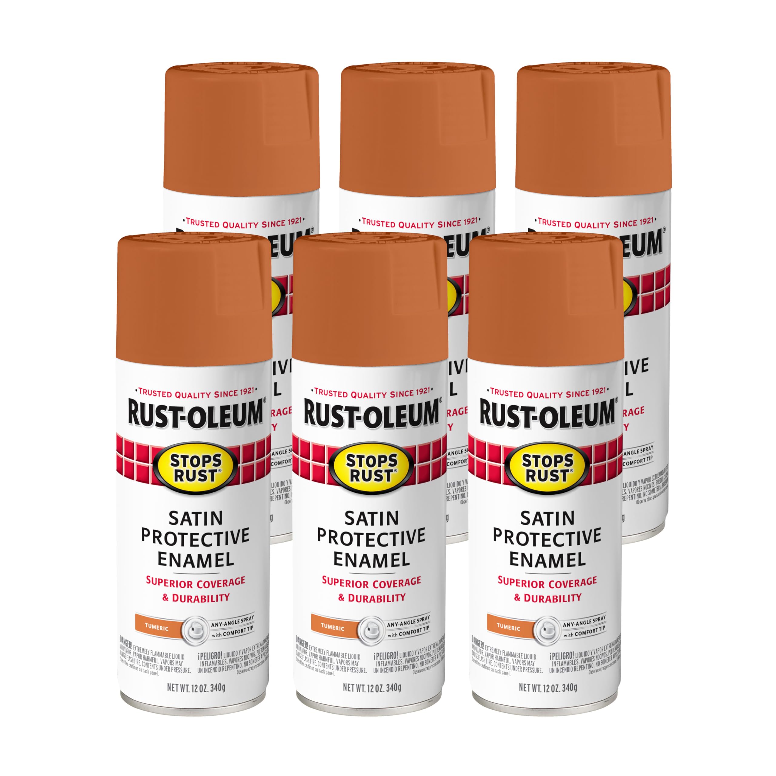 Rust-Oleum 369193-6PK Stops Rust Spray Paint, 12 oz, Satin Turmeric, 6 Pack