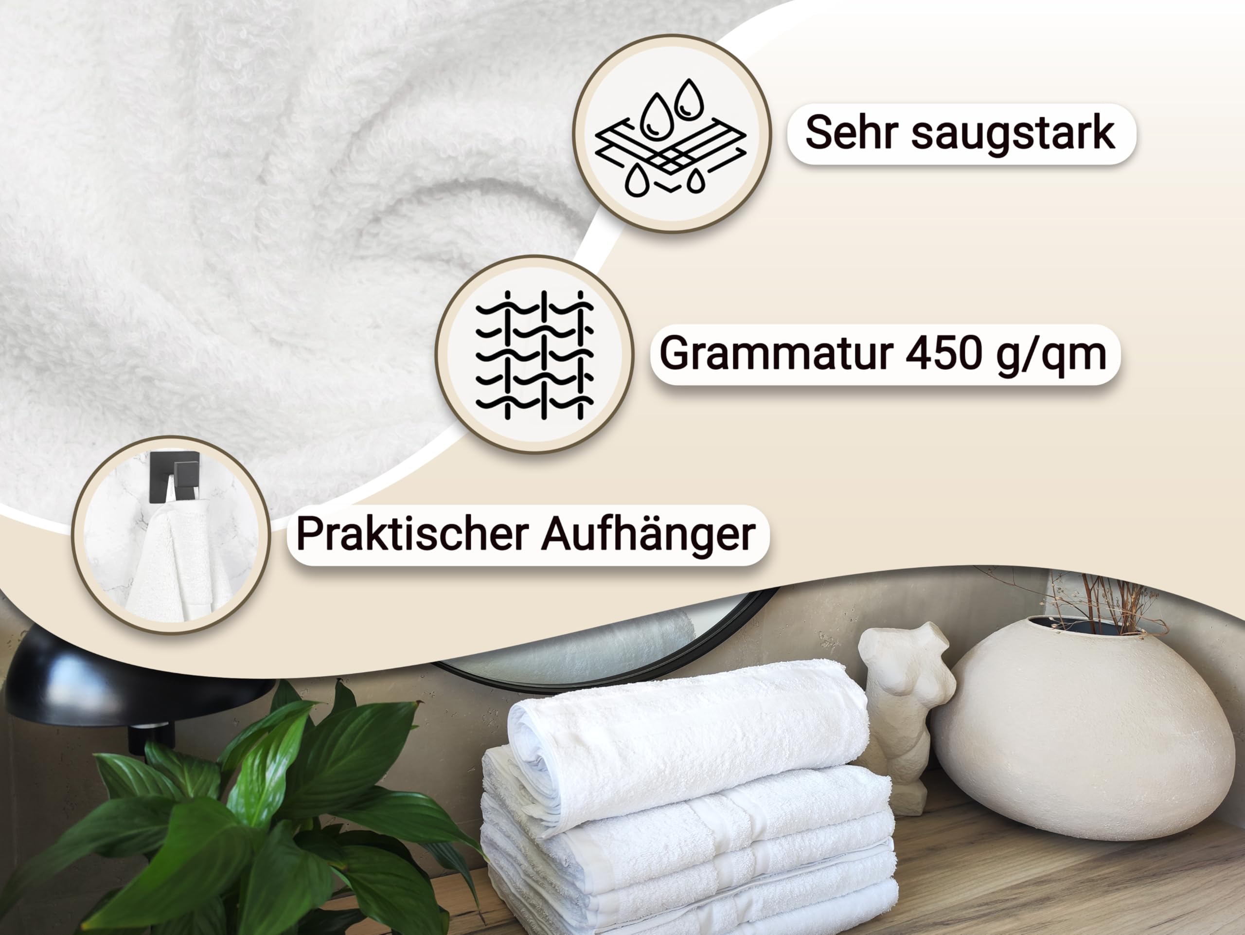 ZOLLNER 5er Set Duschtücher 100% Baumwolle, 70x140 cm, Weiß