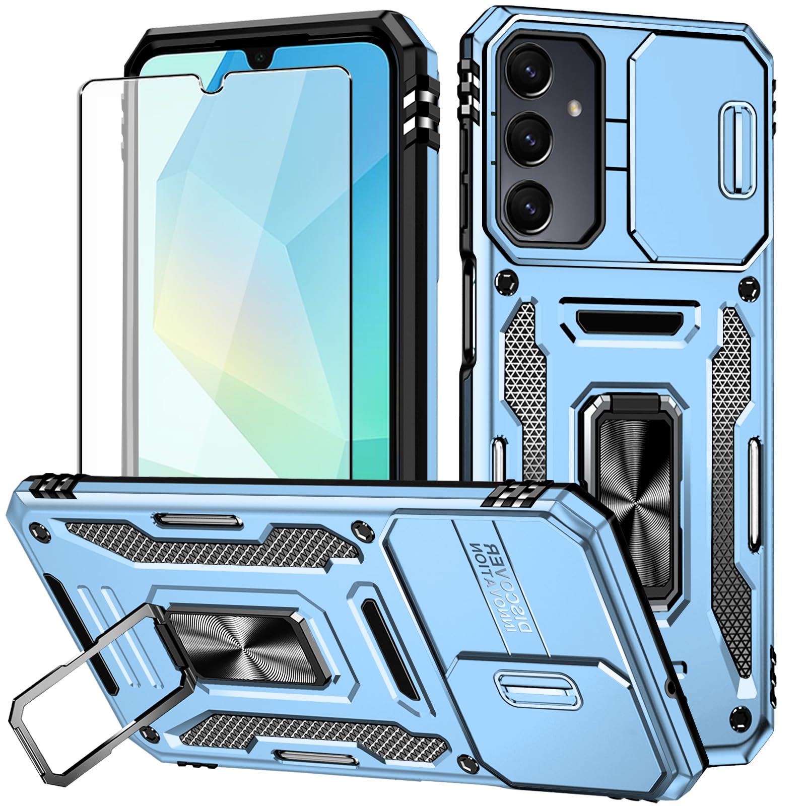 for Samsung Galaxy A16 5G Case with Screen Protector and with Camera Cover, 360°Military Grade Rotatable Kickstand (Heavy Duty) Shockproof Protective, Case for Google Pixel Light Blue