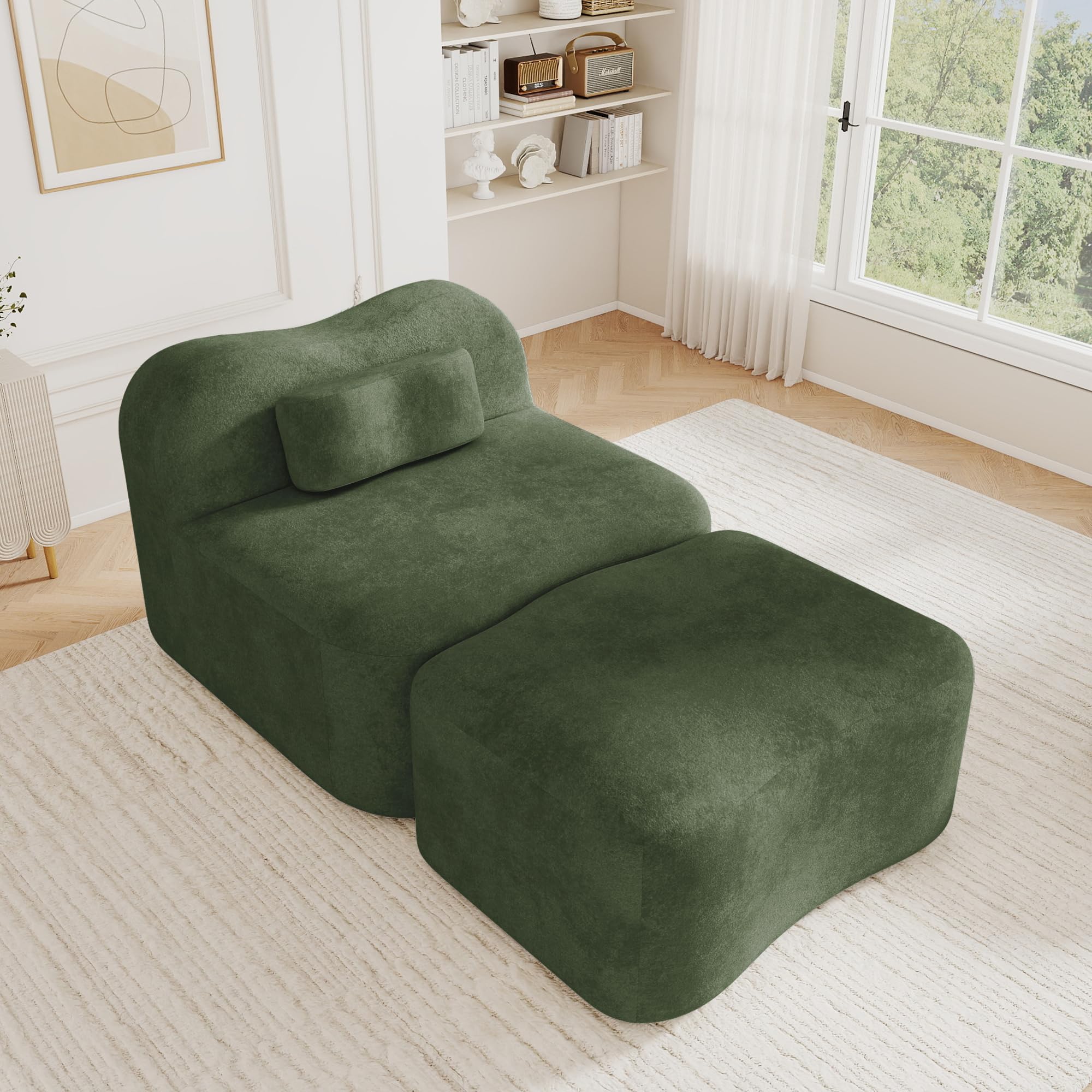 Divano con ottomano, verde, modulare singolo, senza cornice, design ondulato, imbottitura in schiuma 32D ad alta densità, cuscino per lo schienale mobile, tessuto morbido, per soggiorno e