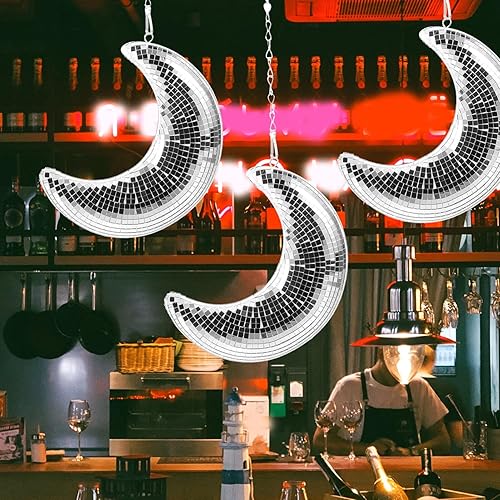 Miniatura 3 de VOSAREA Bola de discoteca en forma de luna, bola de discoteca, decoración colgante de luna reflectante, adorno colgante de pared retro para fiesta