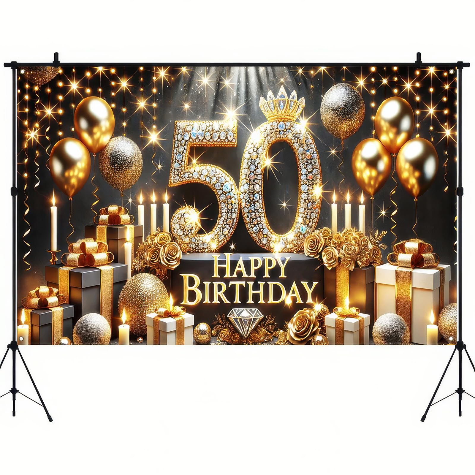 BlissYard Happy 50th Birthday Sign Backdrop Birthday Backdrop for Photography Background Gold Diamond Balloon Party Photo Studio Banner Background