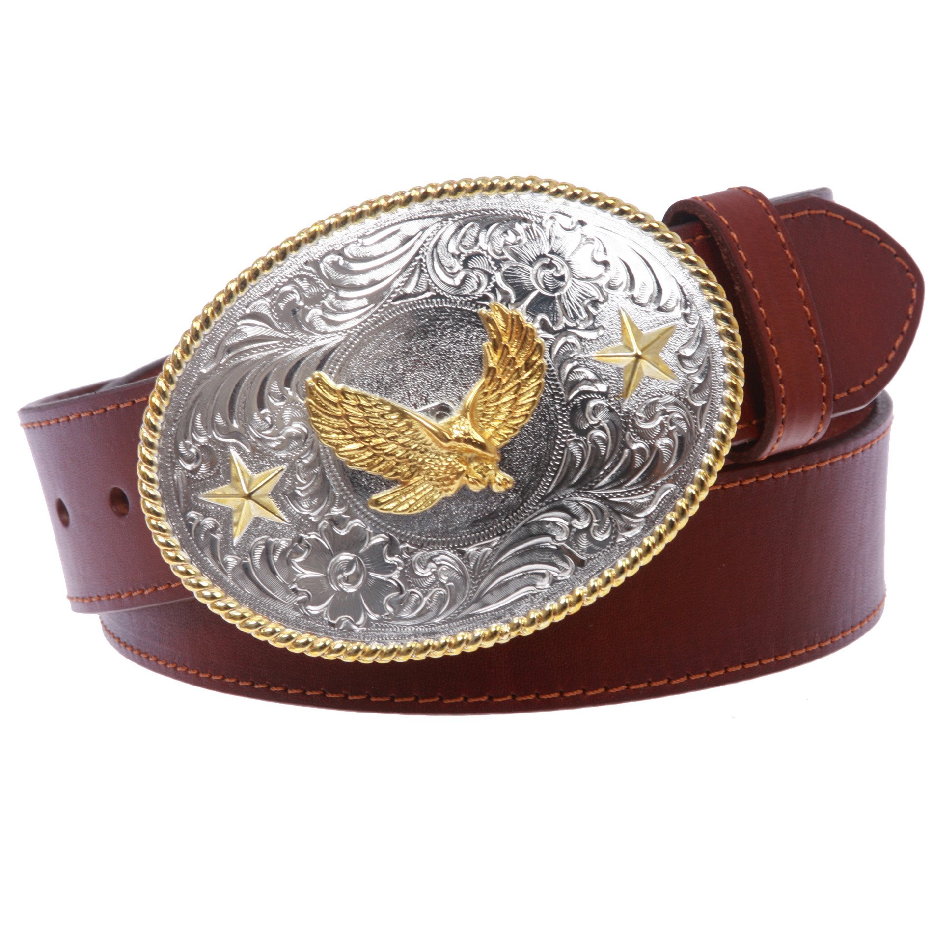Western Cowboy fibbia argento con aquila svettante oro cintura in pelle
