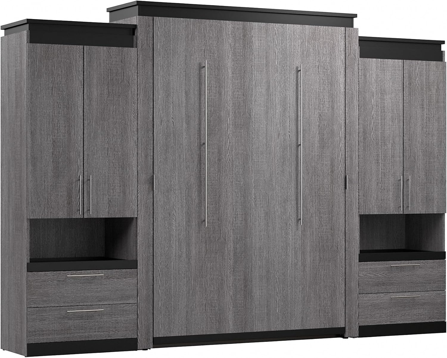 Bestar Orion Queen Murphy Bed with Storage Cabinets and Pull-Out Shelves (126W) in Bark Grey and Graphite, Sleeping Arrangement with Organization