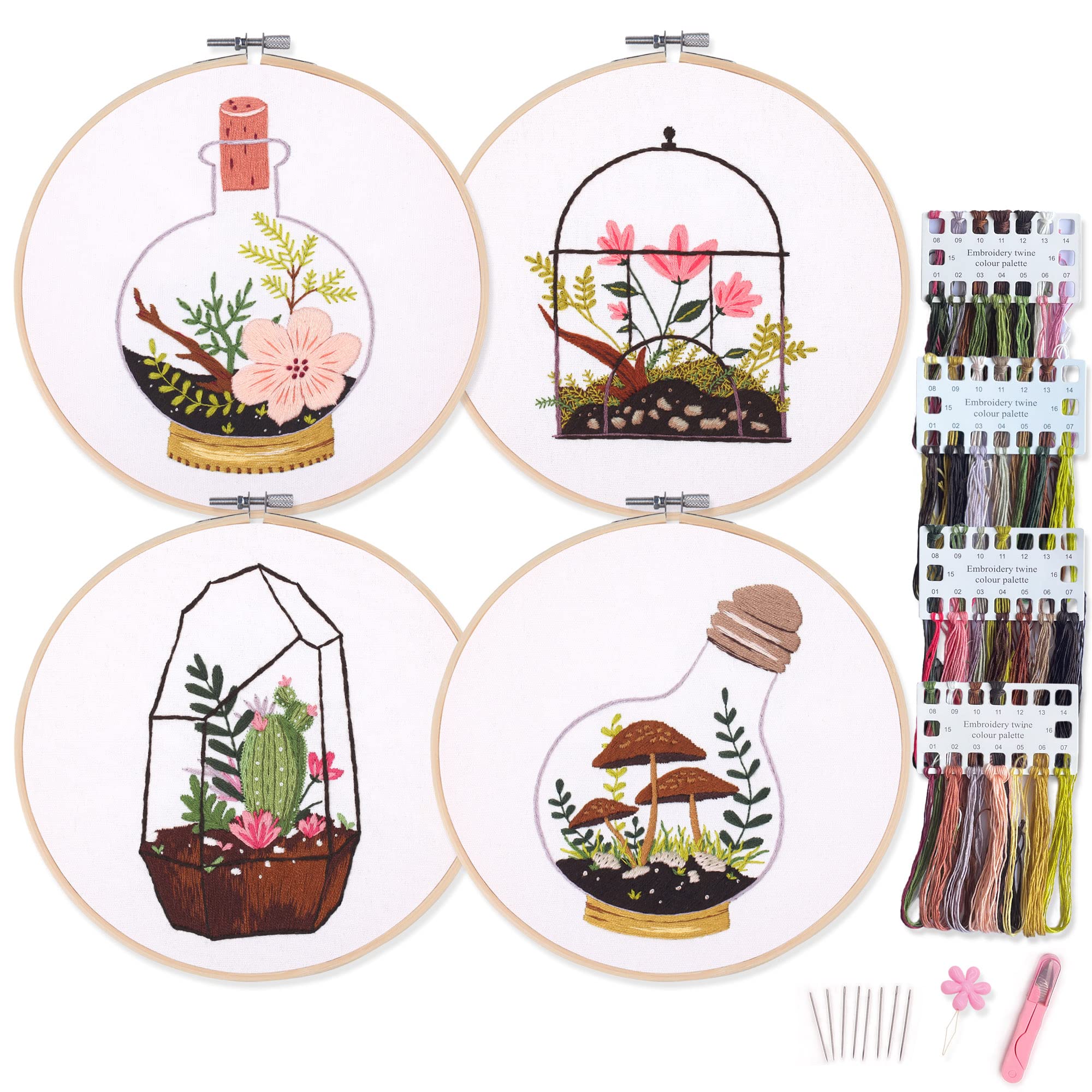 4 Sets of Myfilicity Embroidery Kits with Floral, Cactus, Mushroom Patterns, Including 4* Embroidery Cloth with pre-Printed Patterns, 4* Thread, 1* Hoop, etc.