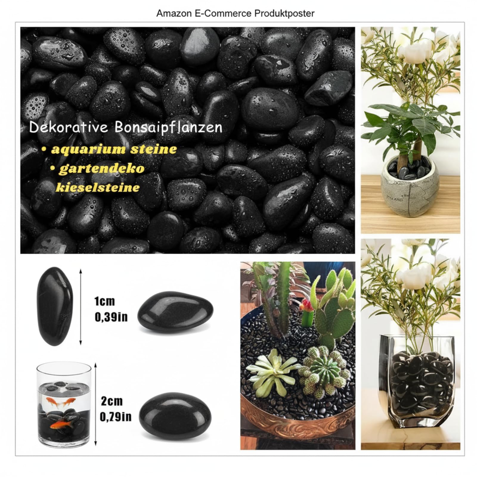 1 Kg Galets Naturels 3-5 cm Noir Poli Galets DéCoratifs pour Plantes en Bambou, Aquarium, Remplissage de Vase, Jardin Féérique, Décoration D'aquarium - 3