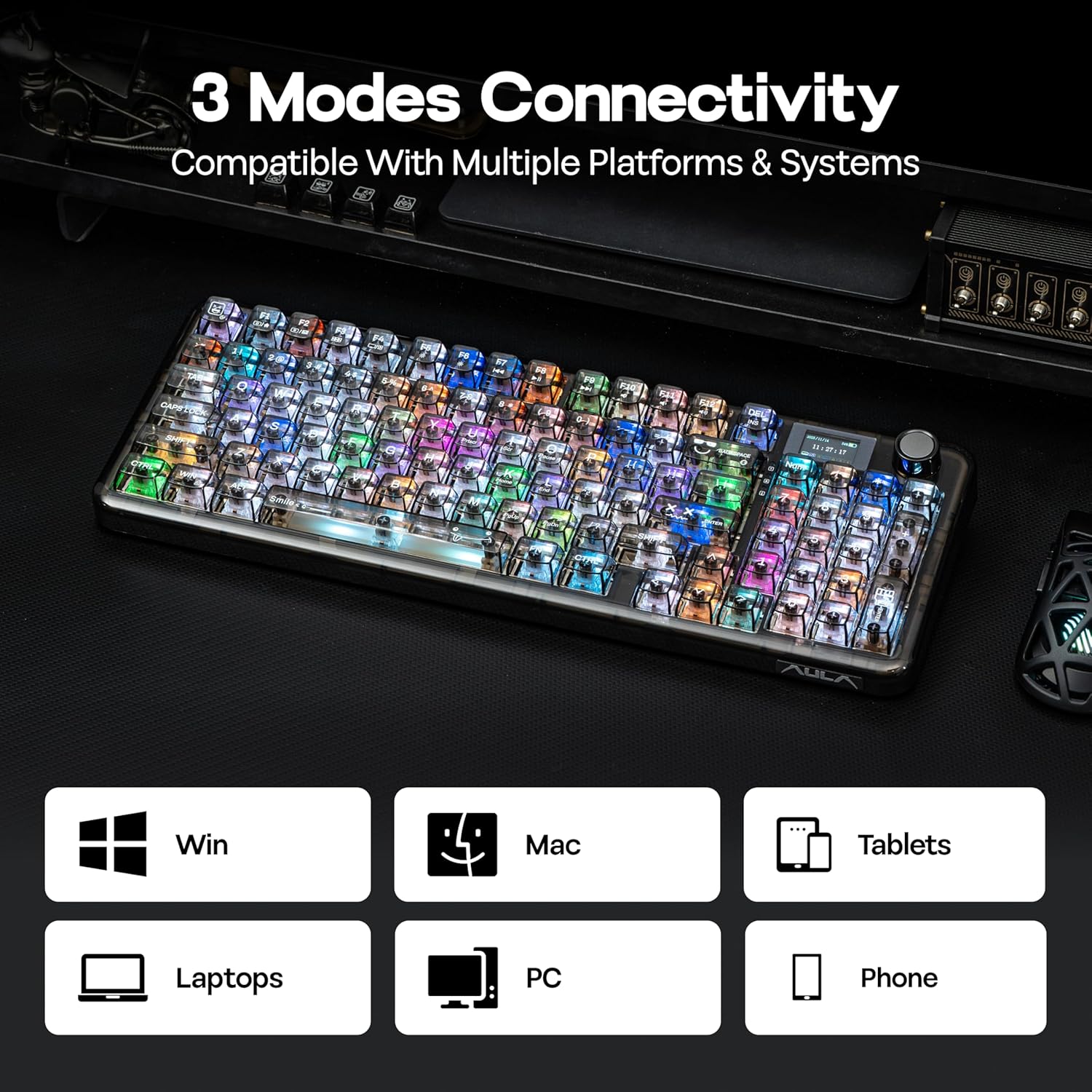 MechLands Aula F-NB98 Transparent Keyboard with RGB Backlits, 3 Modes Wireless Mechanical Keyboard with Display Screen, 8000mAh Battery, Shine Through Keycaps, Creamy Gasket, 1800 Layout (Black)