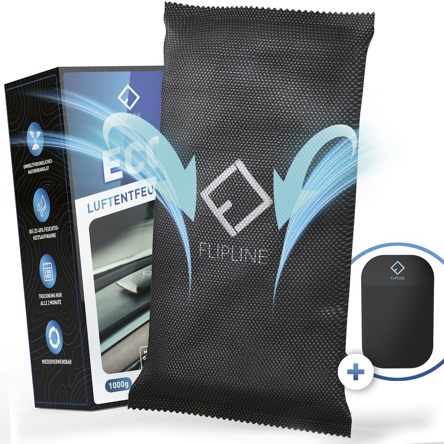 FLIPLINE Eco Luftentfeuchter Auto Set 2x1kg [Made in Germany] +ANTI-RUTSCH-PAD wiederverwendbarer Auto Entfeuchter gegen beschlagene Autoscheiben - Feuchtigkeitskissen aus Naturgranulat