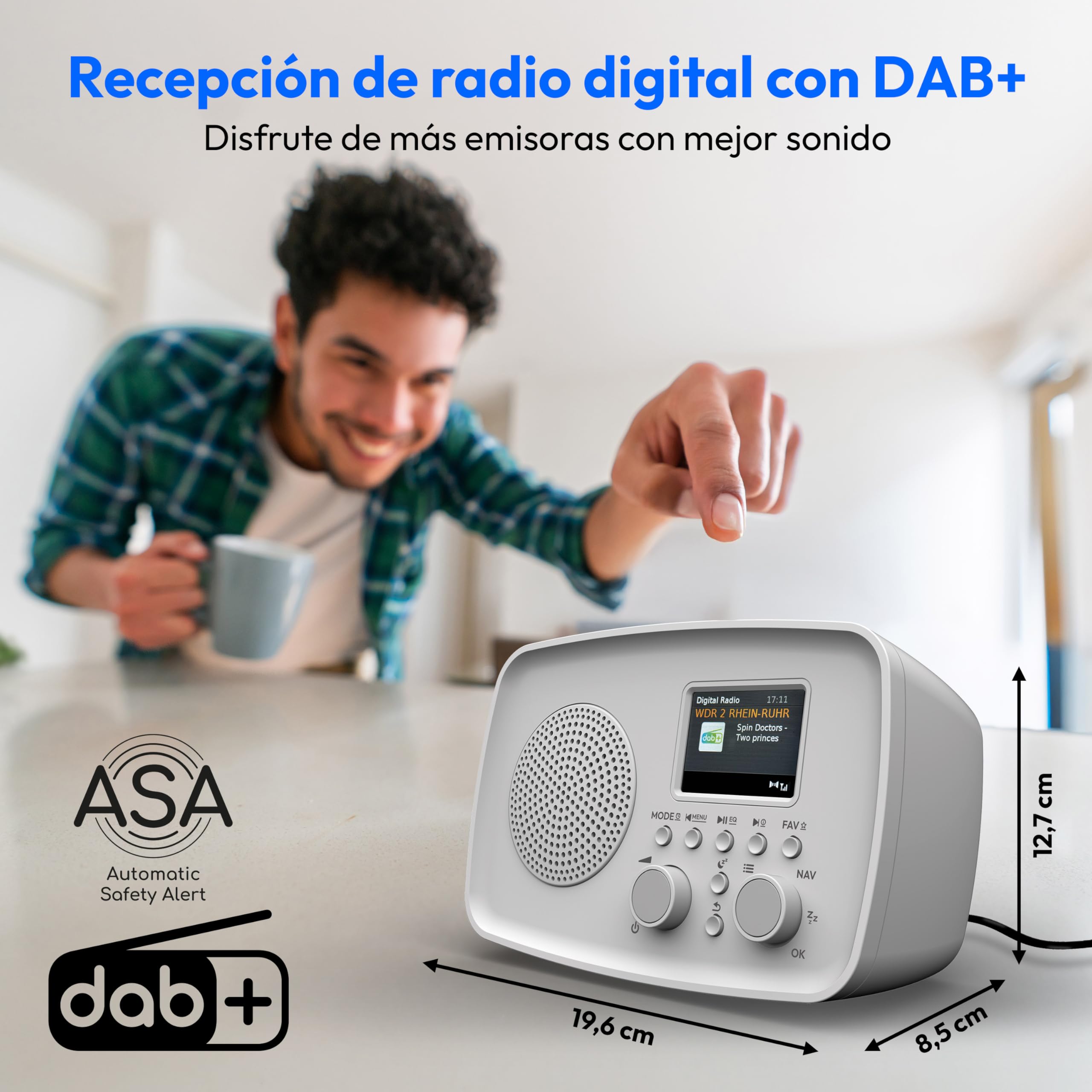 MEDION Radio Dab+ con Bluetooth Dre-1 (Dab Plus, Radio FM, protección contra Goteo, Antena telescópica, Despertador, función Snooze, regulador de Pantalla, Sistema de Alerta ASA), Gris