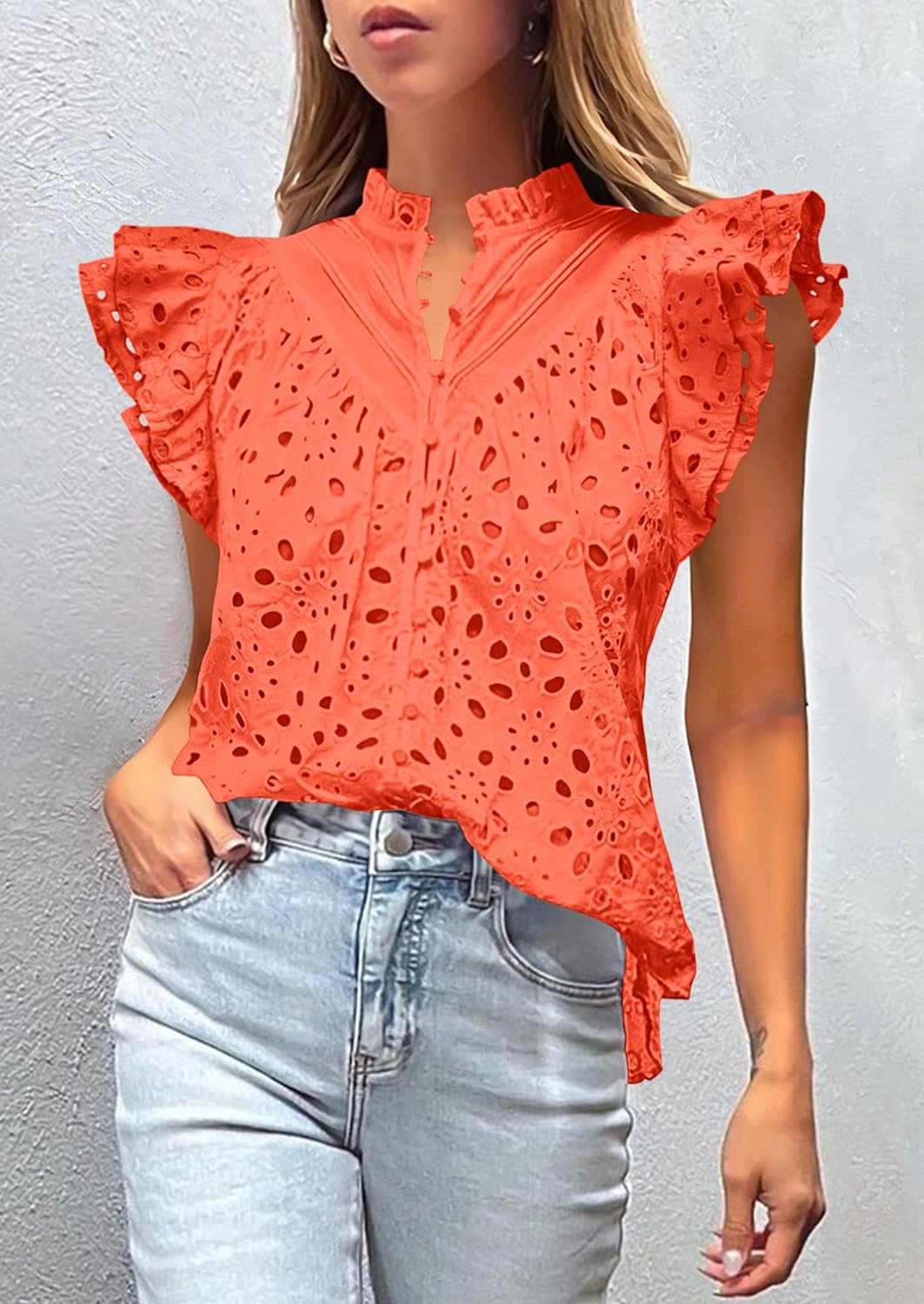 PRETTYGARDEN Womens Summer Tops 2026 Dressy Casual Ruffle Cap Sleeve Button V Neck Embroidered Eyelet Blouses Shirts