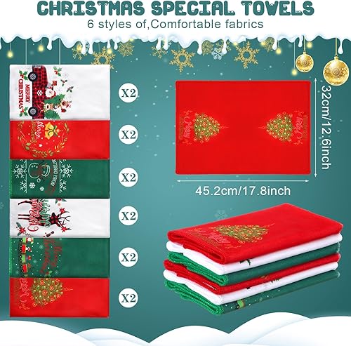 Miniatura 2 de Macarrie 12 toallas de mano navideñas de Navidad, Papá Noel, reno, muñeco de nieve, árbol, a cuadros, bordadas, toallas de algodón absorbentes, 13 x
