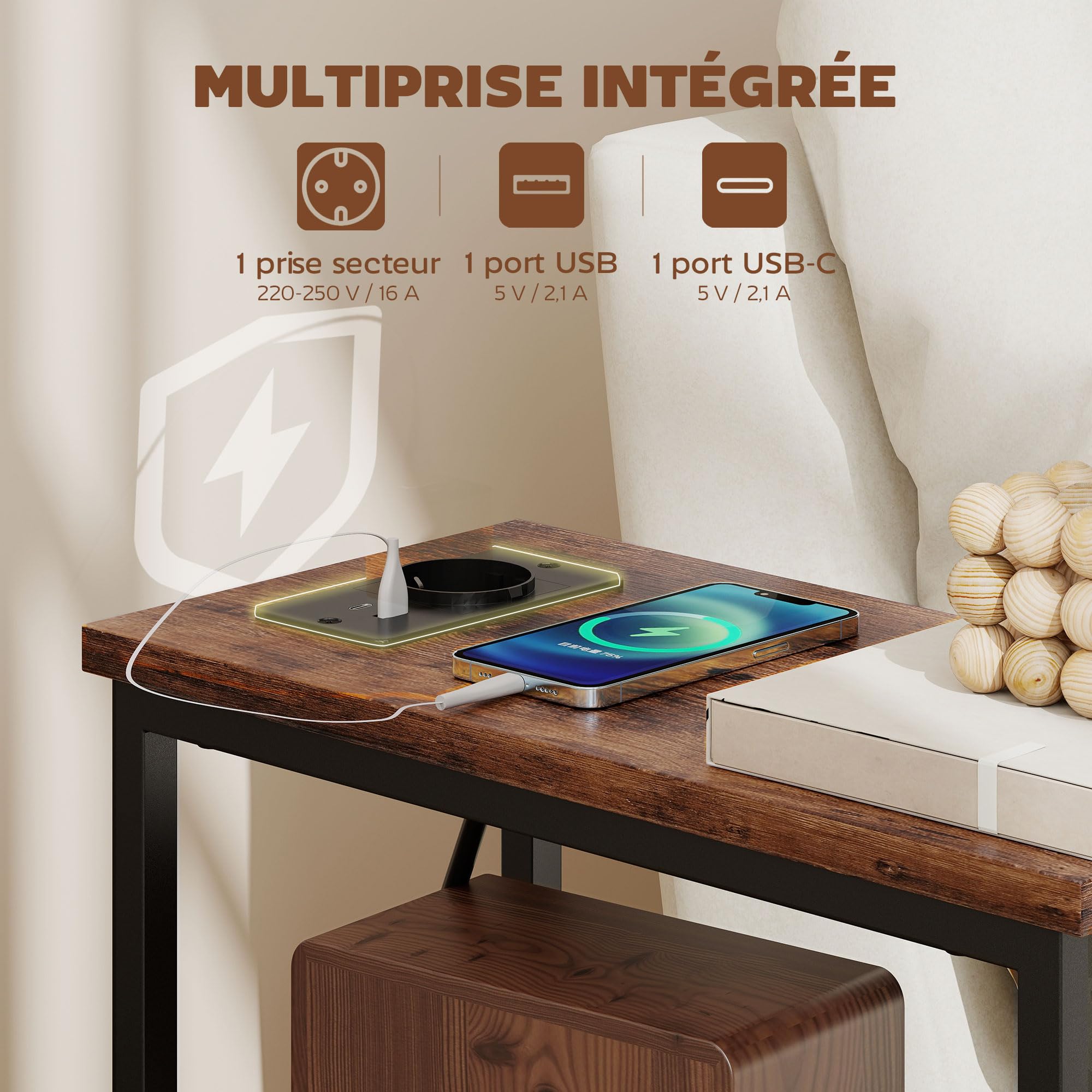 HOMCOM Table d'Appoint avec Station de Charge Étagère Ouverte Brun Rustique