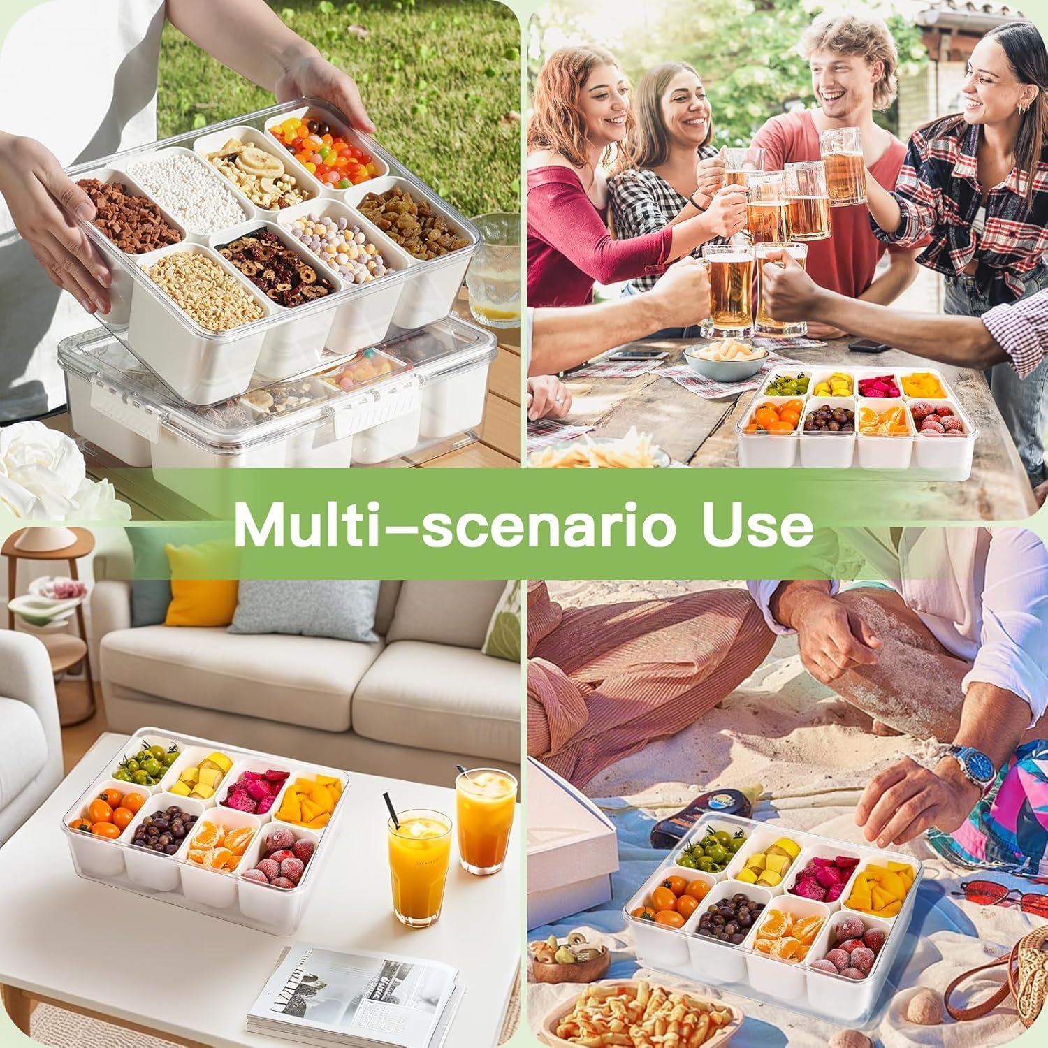 Portable Snackle Box Container with Ice Pack – 8-Compartment Snack Tray with Lid, Divided Serving Tray & Drain Trays, Ideal Charcuterie Snack Cooler for Picnic, Travel & Parties
