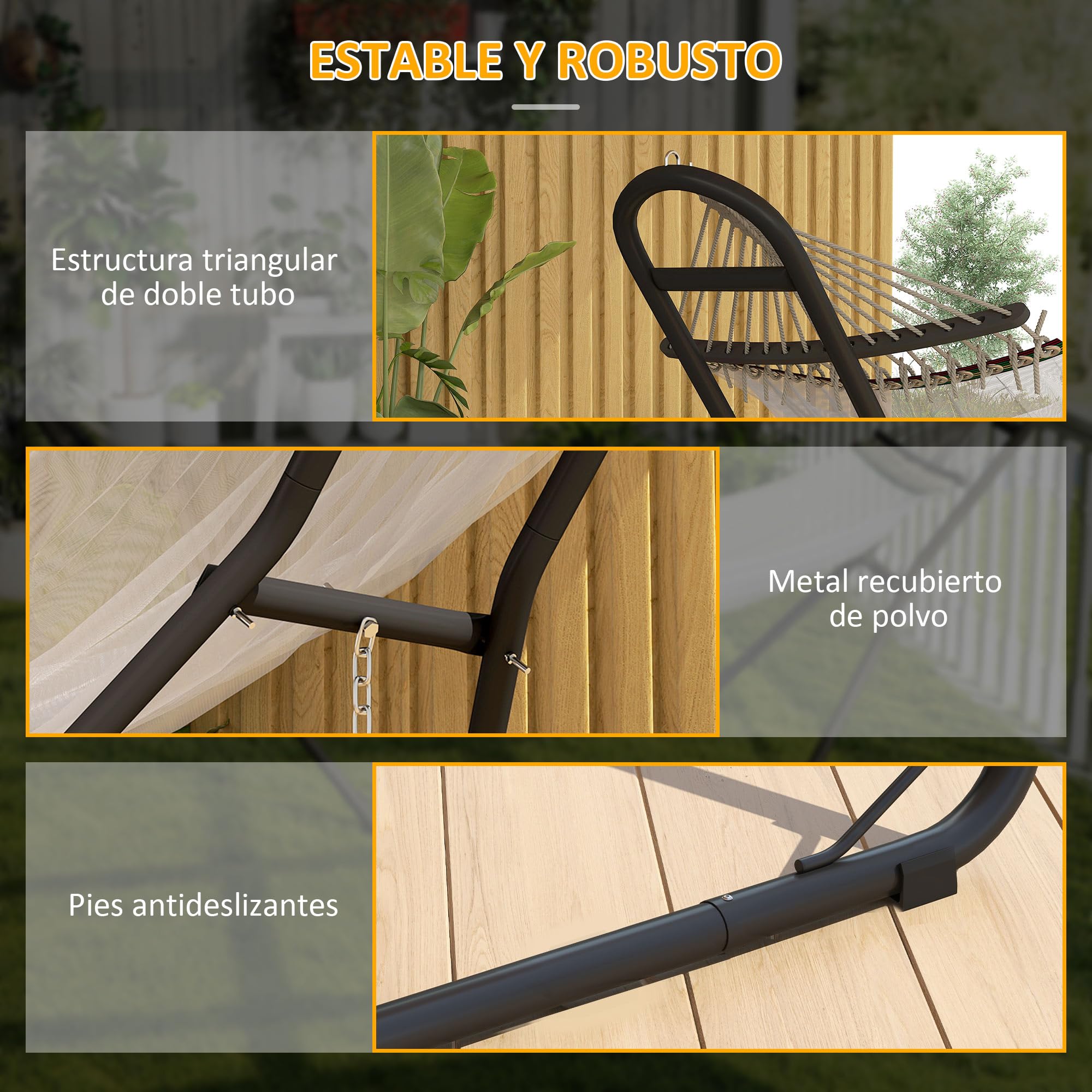 Outsunny Soporte para Hamaca para 2-3 Personas, Largo 278 cm, Cadena Ajustable, con Estructura de Acero, Ganchos en S, Pies Antideslizantes, para Hamacas de 2,75-4 m, Carga 150 kg, Negro