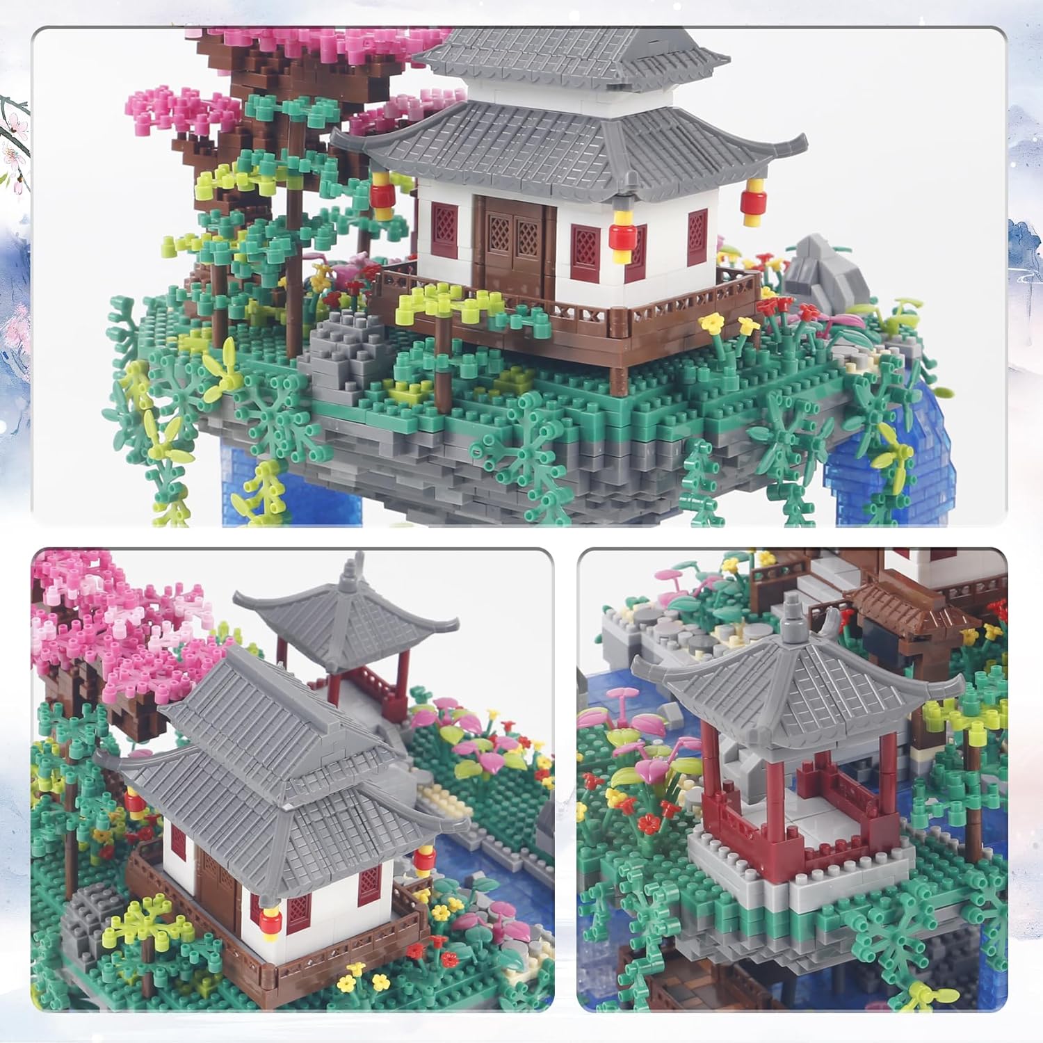 3320PCS Peach Blossom Pond Bonsai Tree Building Block Kit,Chinese Sakura Architecture Micro Mini Building Blocks(Not Compatible with Lego Size),Exquisite Choices for 14+ Kids Or Adults