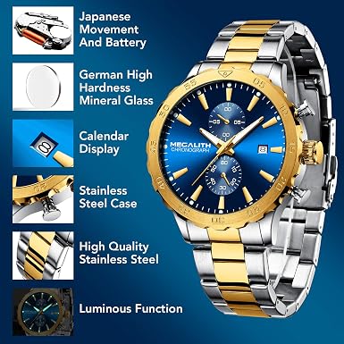 MEGALITH Orologio Uomo Oro Orologi da Polso Cronografo Acciaio Orologio  Uomo Quadrante Blu Impermeabile Orologio Grande Analogico Luminosi Quarzo  Data - Puntatore d'oro : Amazon.it: Orologi