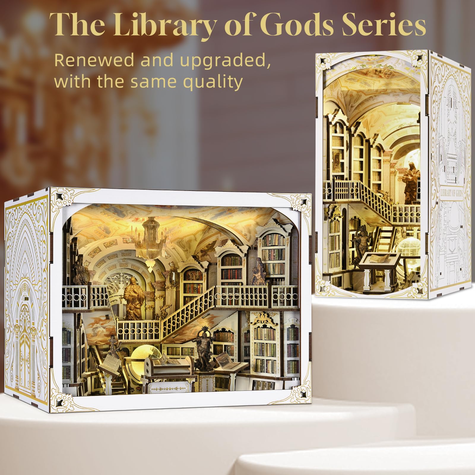 MiniCity Book Nook Kit, kit fai da te in miniatura per casa delle bambole in legno 3D, supporto per libri e libri, decorazione con luce LED per ragazzi e adulti (Library of Gods Max)