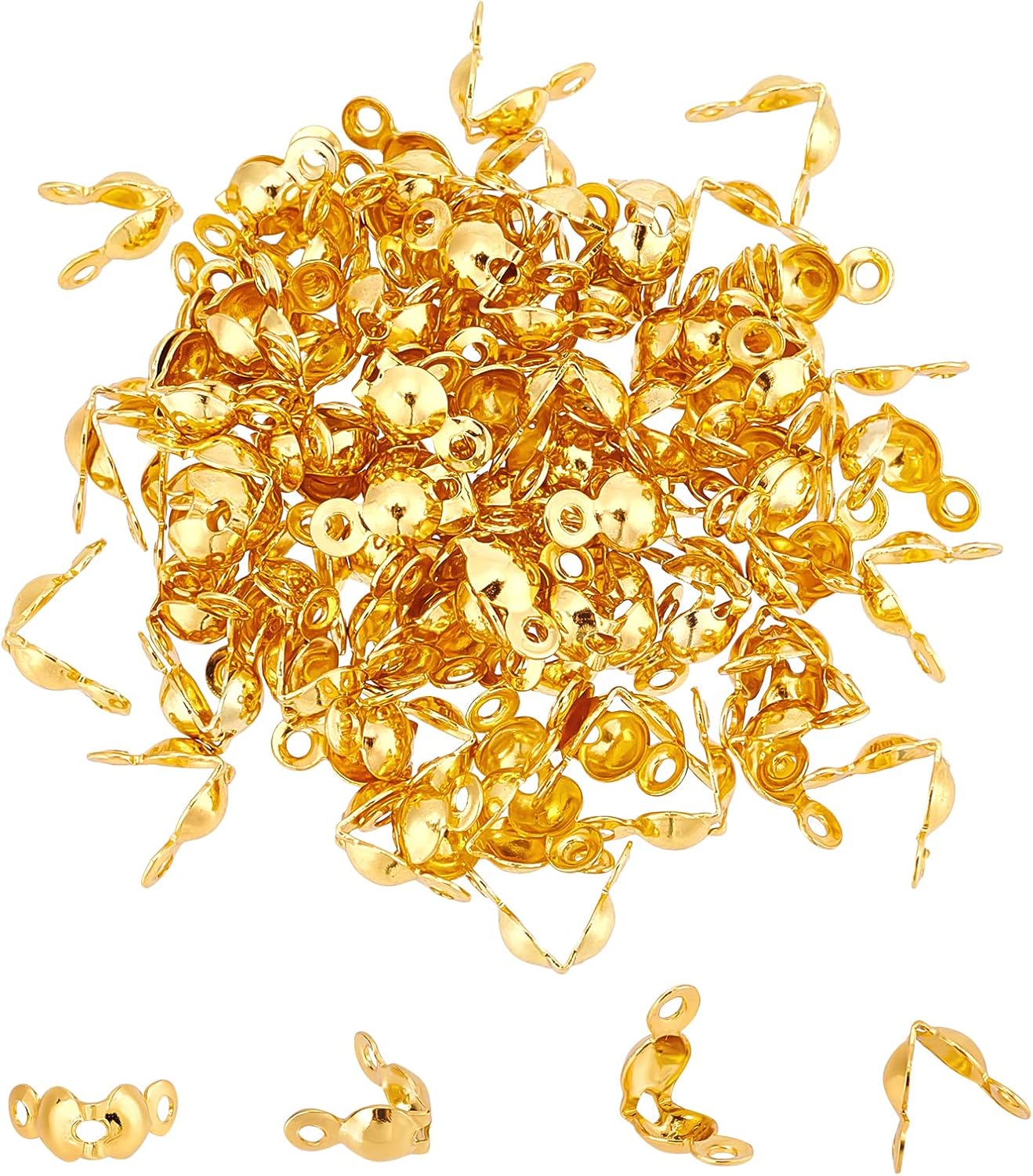 CHGCRAFT 100pcs 304 Stainless Steel Bead Tips Golden Calotte Ends Clamshell Knot Cover for Knots & Crimp Findings Jewelry Making DIY Craft, 8x4mm
