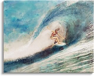 Stupell Industries Female Surfer Riding Barrel Wave Tropical Blue Waters Canvas Wall Art, 20 x 16