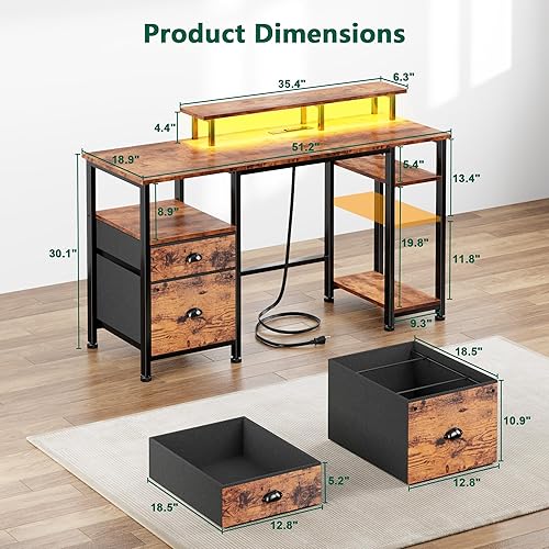 Miniatura 2 de Furologee Escritorio para computadora de 51 pulgadas con toma de corriente y luces LED, escritorio reversible para oficina en casa con archivador y