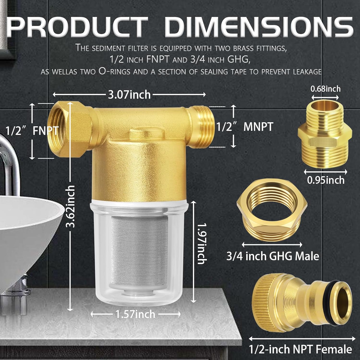 40 Micron Reusable Brass Inline Sediment Filter - Universal Fit for Washing Machine, Shower, Garden Hose & Well Water - Anti-Clogging Design with Pipe Sealant Tape