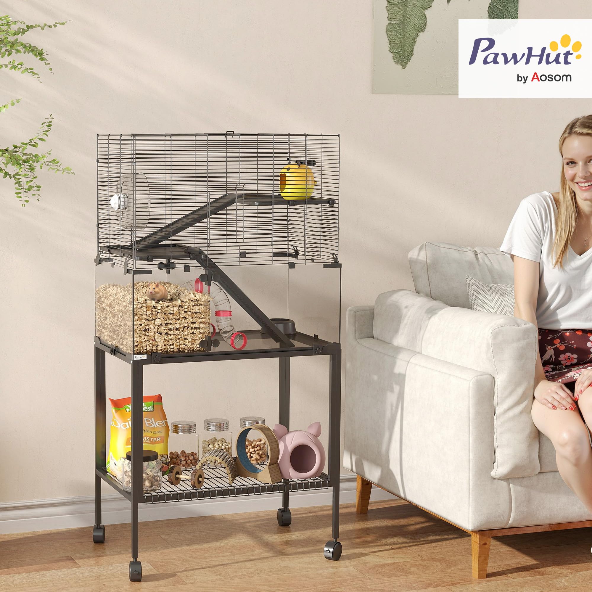 PawHut Jaula para hámster con ruedas de 3 niveles, jaula para roedores y animales pequeños con sistema de tubos, cabaña, rampas, comedero y accesorios, jaula para ratones, jaula para hámster enano, 77