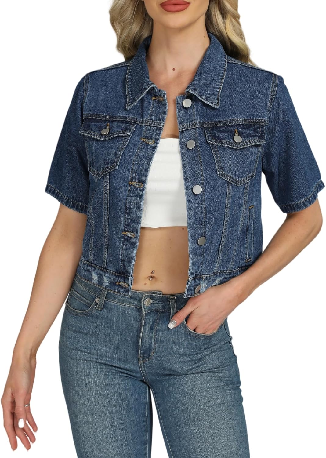 LifeShe Cropped Denim Jacket for Women Short Sleeve Casual Ripped Jean Jackets Distressed Trucker Coats - Image 2