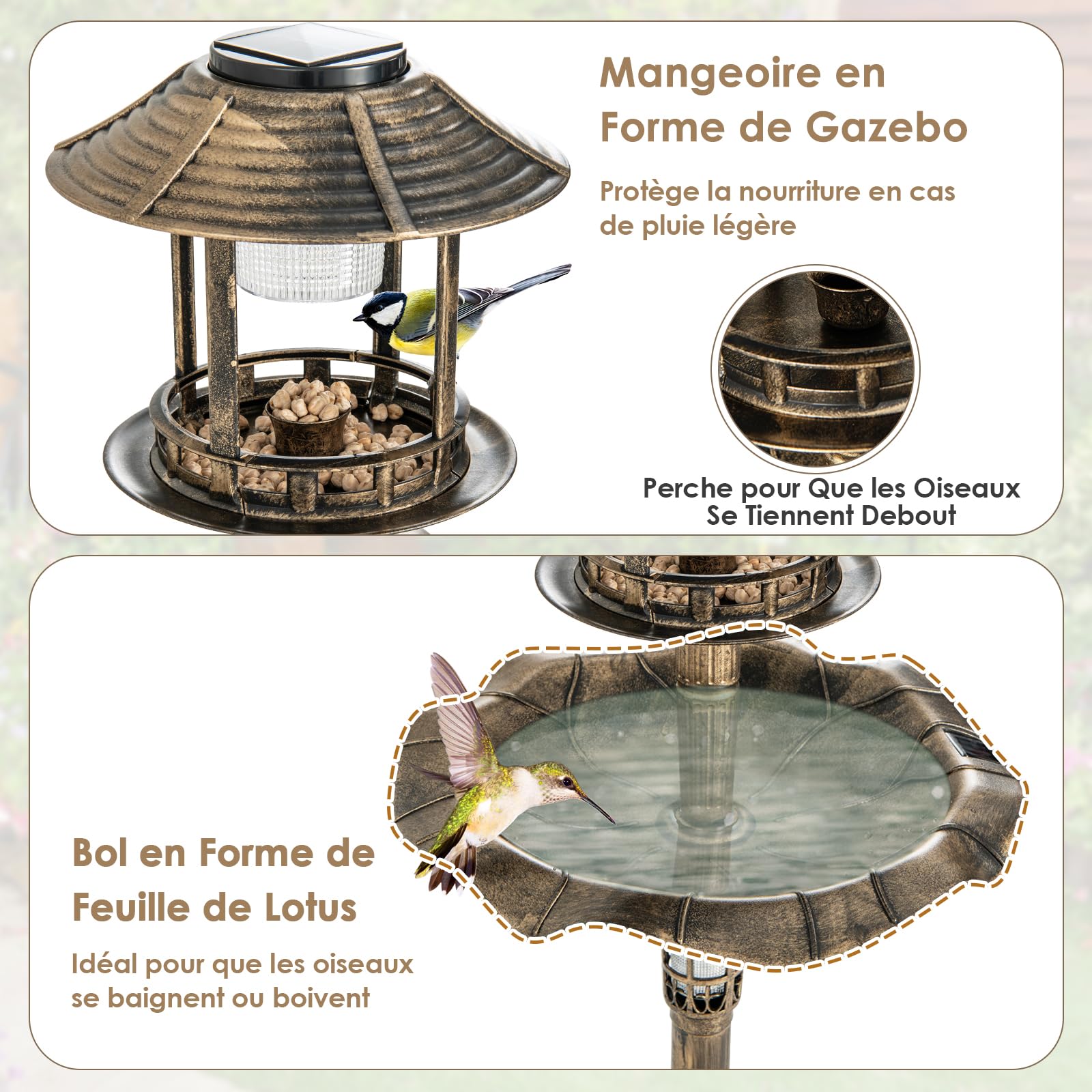 GYMAX Bain d'oiseaux, Abreuvoir sur Pied, Mangeoire avec 2 Lampes Solaire, Jardinière de Fleurs, Léger et Remplissable, Décoration pour Extérieur (Cuivre)
