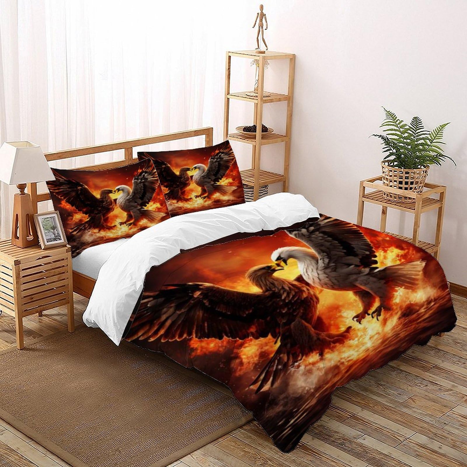 Housse de couette 200x200 cm avec 2 taies motif animalier Flame Eagle pour lit double