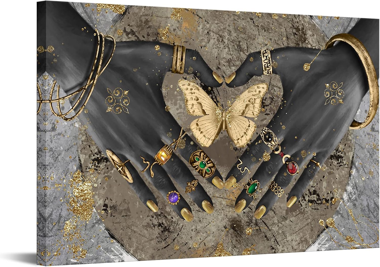 OuElegent Hand of Love Canvas Wall Art Black Woman Heart Gesture with Golden Butterfly Painting Picture African American Print Artwork for Living Room Bedroom Framed Ready to Hang 24x36 Inch
