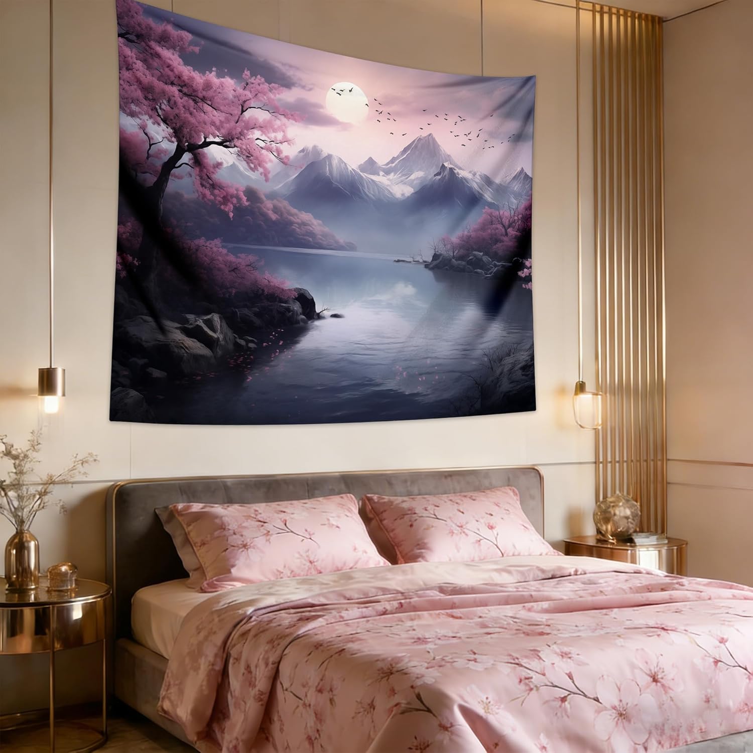 QGHOT Japanese Cherry Blossom Tapestry Wall Hanging Asian Anime Nature Mountain Wall Art Calming Tapestries for Bedroom Living Room Decor 90.6"x70.9"