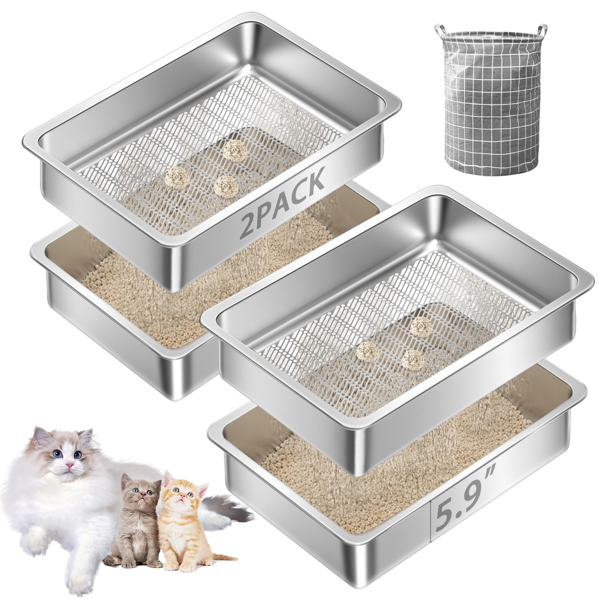 Teheao 2 Pack Stainless Steel Sifting Cat Litter Box for Clumping Litter, Kitty Large Metal Sifter Tray Pan with Cat Litter Bag, Low Dust, Odor Control, Easy Cleaning (15.7"*11.8"*5.9")