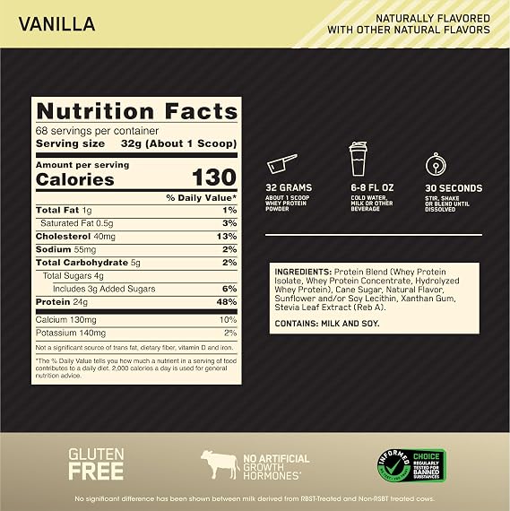 Optimum Nutrition Gold Standard 100% Whey Naturally Flavored Protein Powder 4.8 (Packaging May Vary), Vanilla, 76.8 Ounce