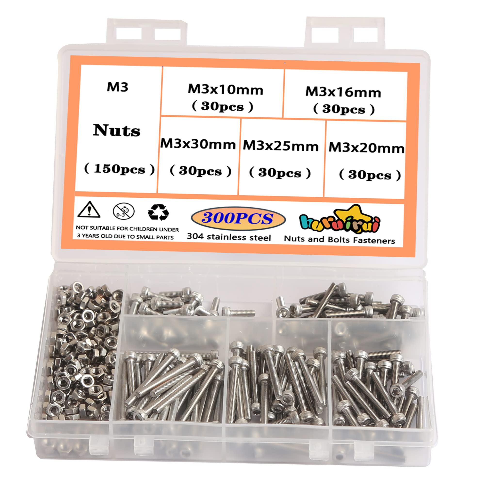 huruiruiM3 Hex Socket Head Cap Screws - 304 Stainless Steel Bolts and Nuts Set - Rustproof,Nuts and Bolts for Car and Boat Accessories Machine Screw 300pcs