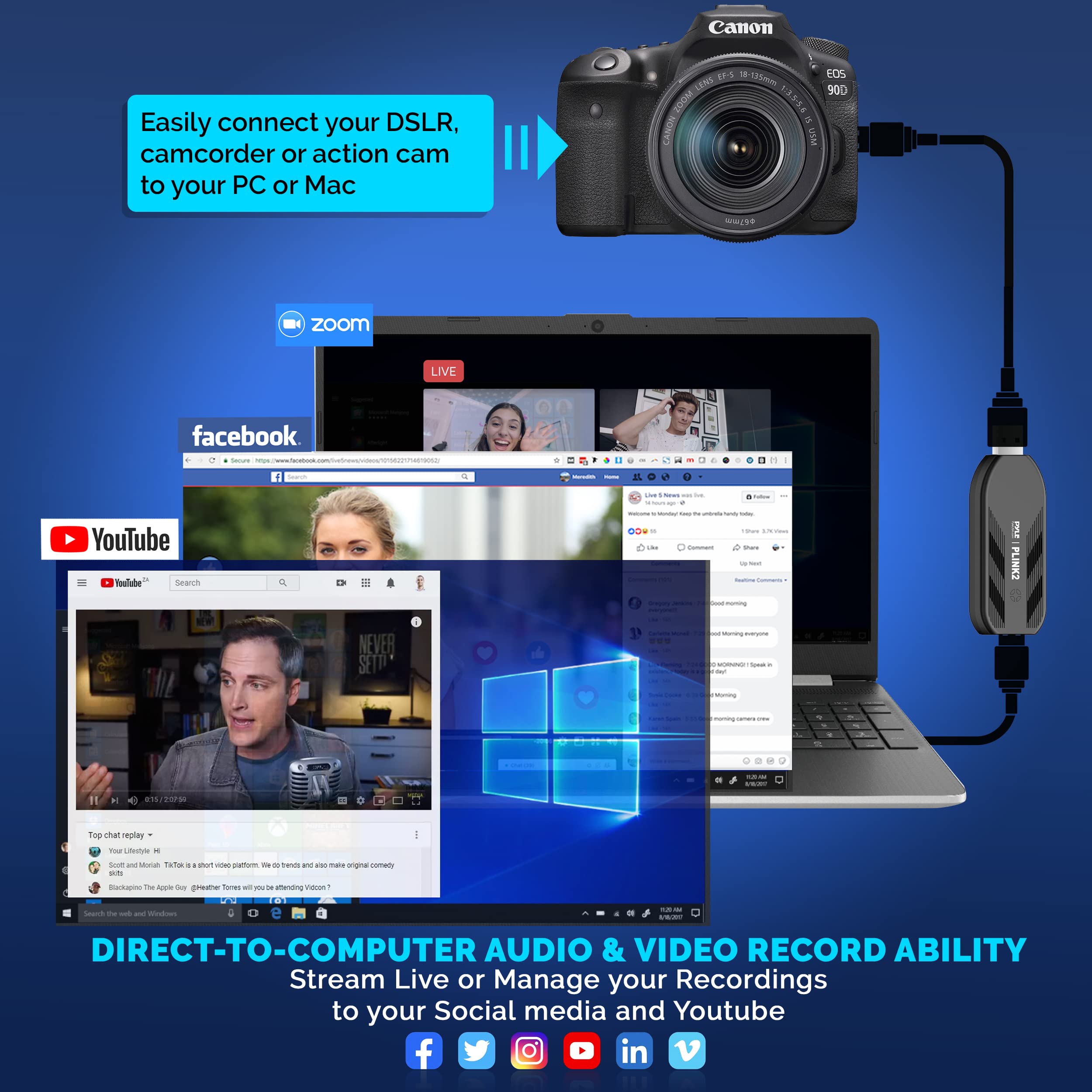 Pyle Tarjeta de captura de video HDMI Link 4K USB 3.1 GEN1 HDMI a USB grabación de audio y video DSLR cámara de acción, grabación directamente en la computadora para transmisión de juegos, conferencia