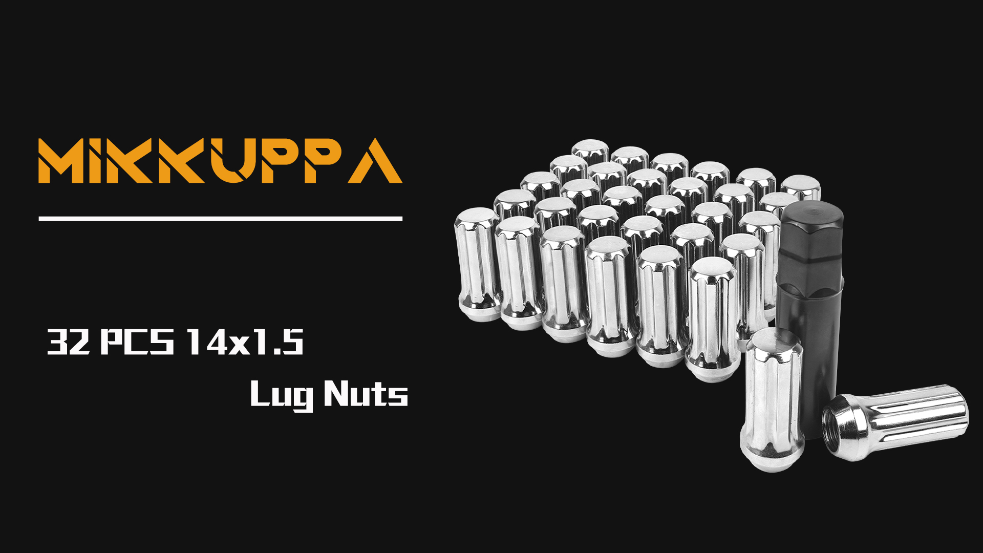 32-Pack Black 4.5" Spike Lug Nuts With Key - M14x1.5, 7-Spline, Fits Ford F250/F350 Super Duty-1081933