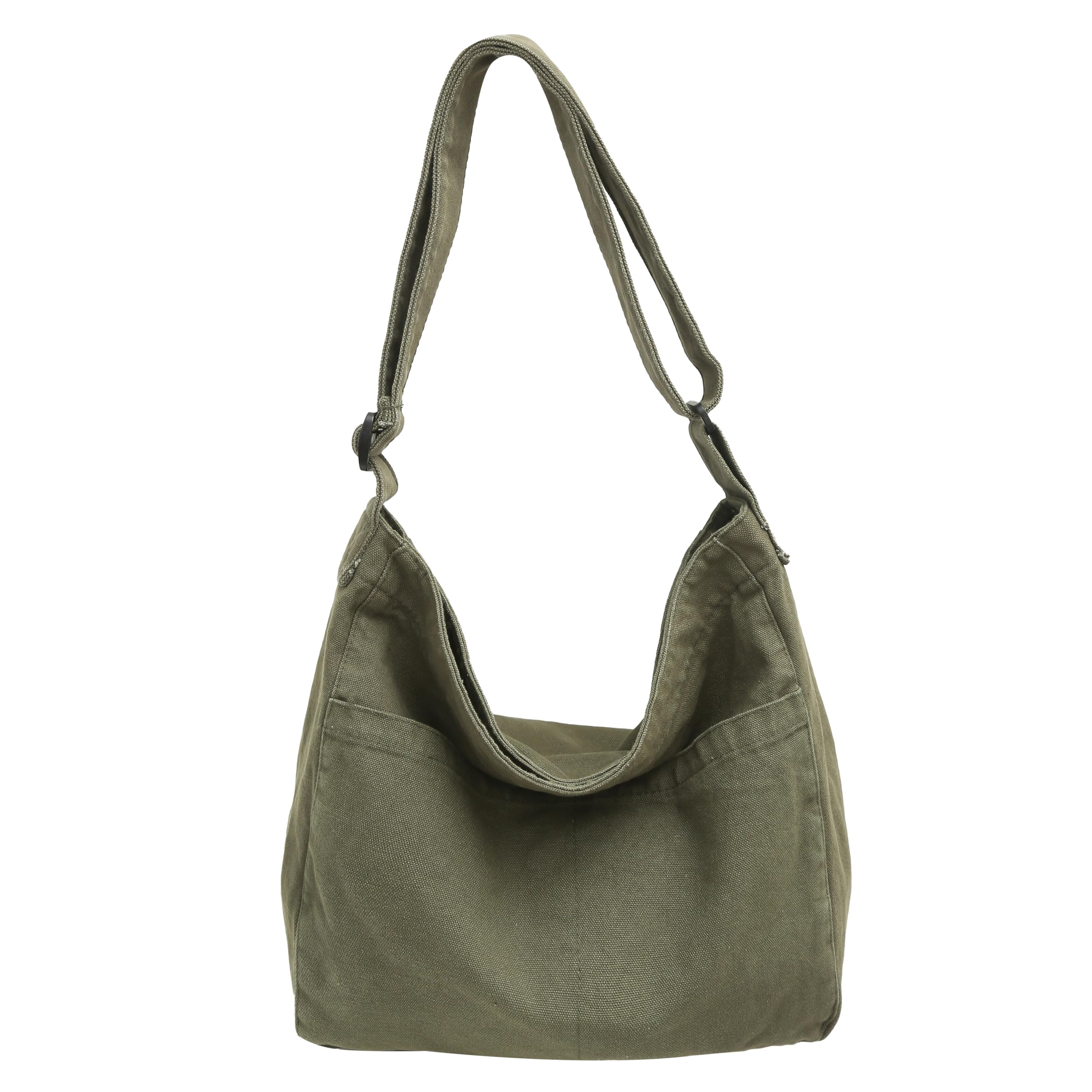 Economical Cotton Canvas Tote Bag,Women Hobo Shoulder Bag Crossbody Handbag with 3 External Pocket,Zipper Closure (K Tote Bag-ArmyGreen)